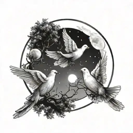 Three Doves Flying Together In Front Of A Moon Surrounded By Trees