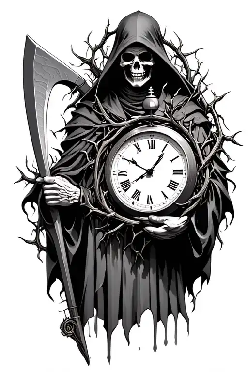 Grim Reaper Holding Clock With Thorn Vines Wrapping Around Scythe