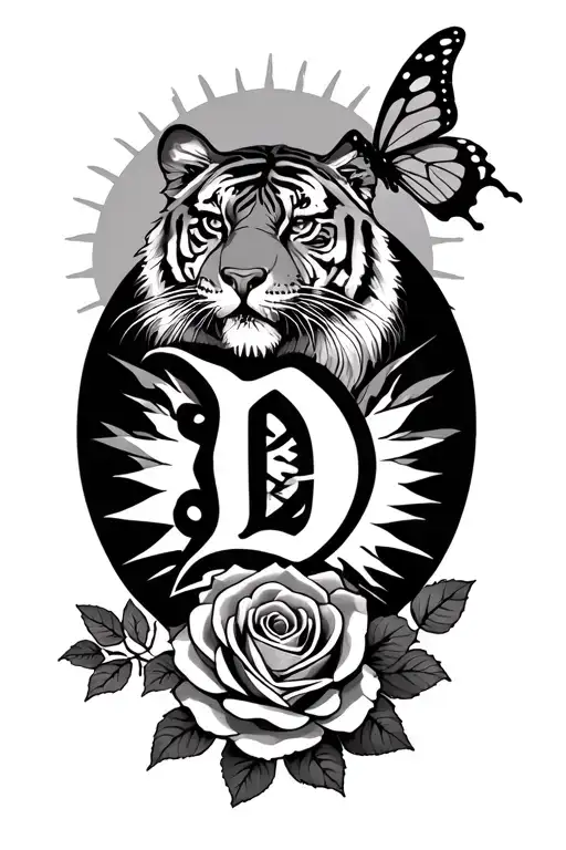 Tree Witg Detroit Tiger Old English D And Rose Butterfly And Sun In The Background