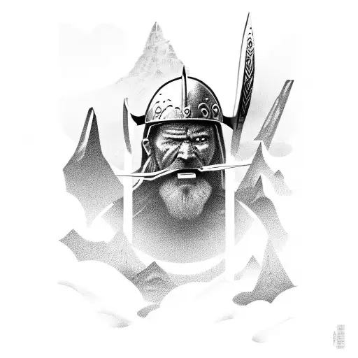 A Black-grey Tattoo Of A Viking Warrior Hiking Through A Rugged Landscape
