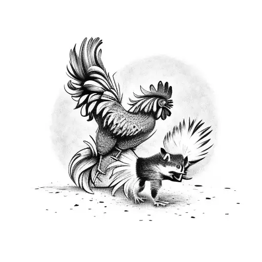 A Rooster And A Raccoon Fighting