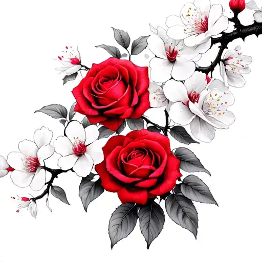 Red Roses Blooming Cherry Blossom Tree