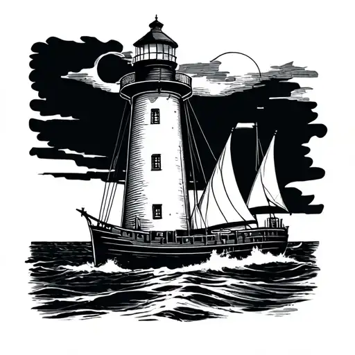 Lighthouse Postage Stamp With A Sail Boat