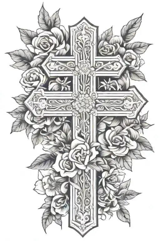 Very Simple Fine Line Cross With Flowers Wrapped Around