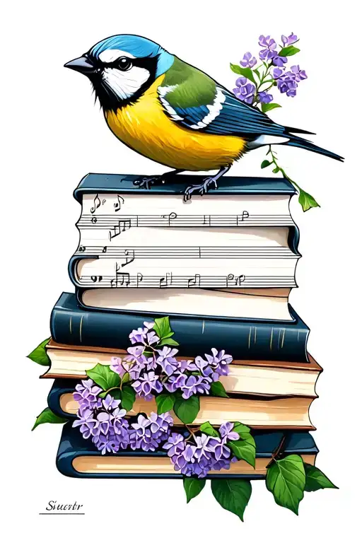 Stack Of Book Music Note Blue Tit Lilac Bush