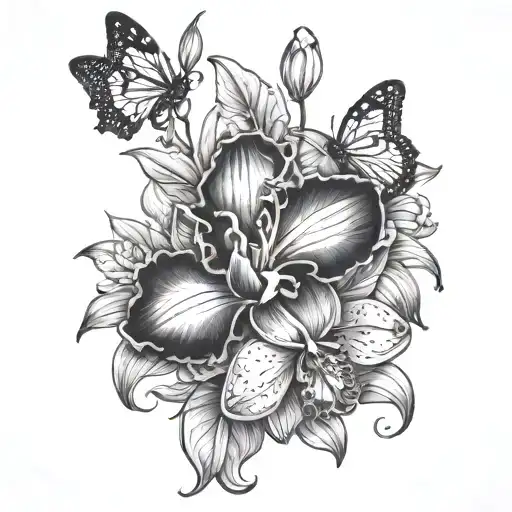 A Tattoo Of A Cattleya Orchid With Butterflies And More Designs Down Arm