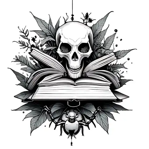 Book Tattoo With Spiders And Plants And An Animal Skull