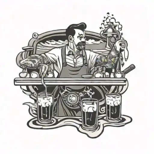 A Neo Traditional Tattoo Of A Bartender Mixing Drinks With A Background Of Crashing Waves