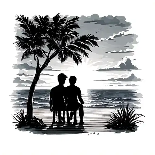 Father Son Silhouette Sitting On A Porch Looking At The Ocean And Sunset