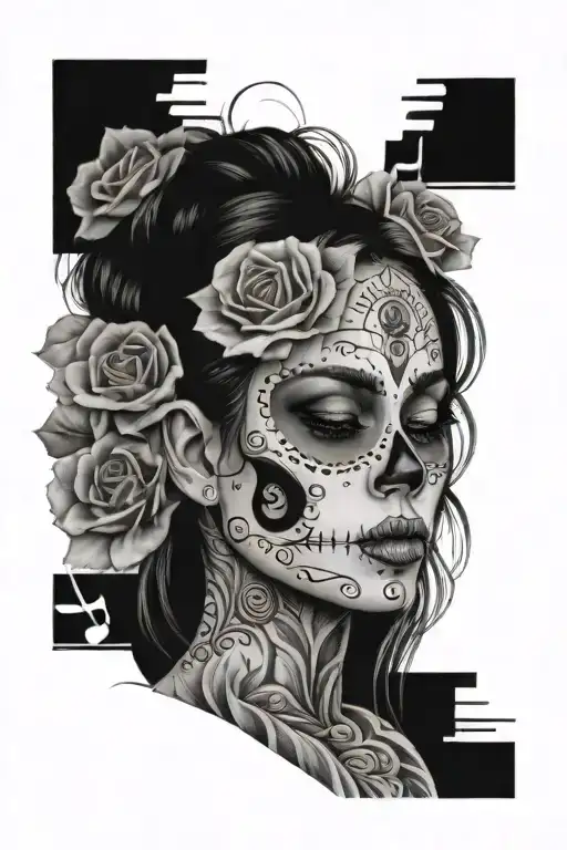 Realistic Day Of The Dead Woman's Face Surrounded My Music Notes
