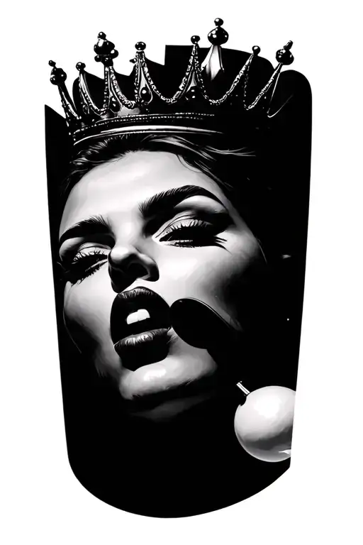 Women's Face Blowing Gum With Crown On Side Of Head