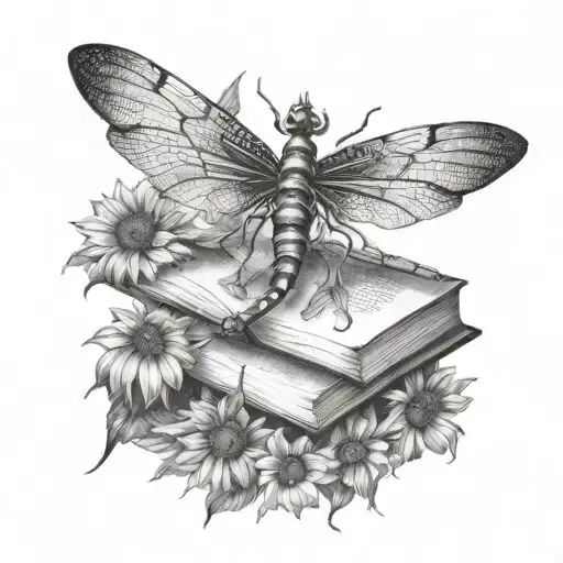 Dragonfly And Books And Sunflower