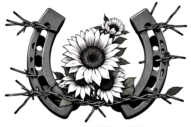 Horse Shoe With Sunflowers And Roses Wrapped In Barbed Wire