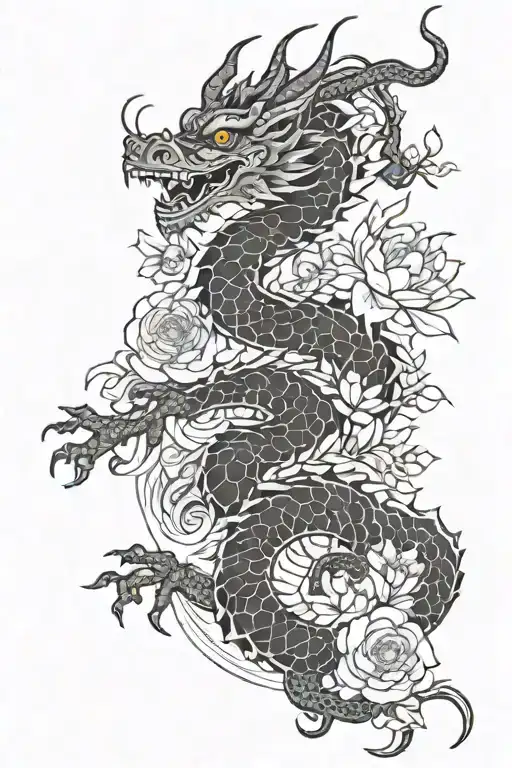 Japenese Dragon And Flower Linework