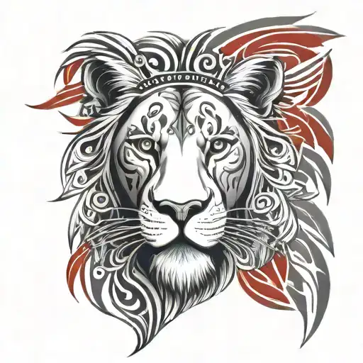 Realistic Lion Head With Small Tribal With Red Detail