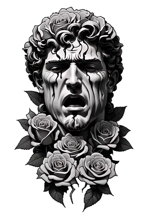 Masculine Greak Statue Head Bust Crying Cracked Roses Surrounding