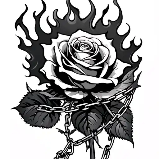 A Flaming Rose On The Top Of The Shoulder With A Chain Covered In Vines Wrapped Around The Arm