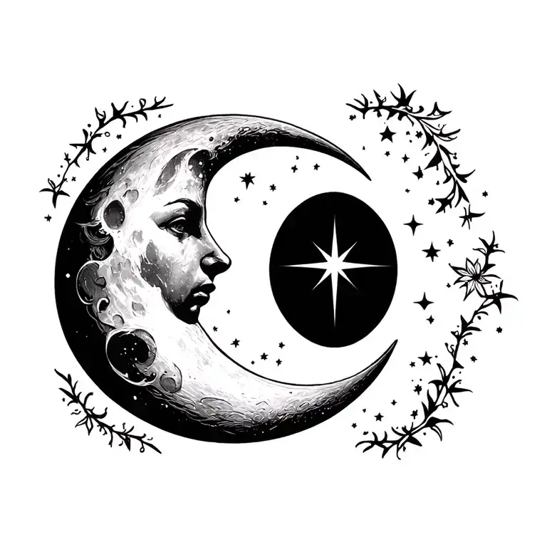 Crescent Moon Looking Left To The Only Star In The Sky