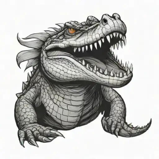 Crocodile Big With Bandaged Mouth Black And White Scary Full Length With Tail