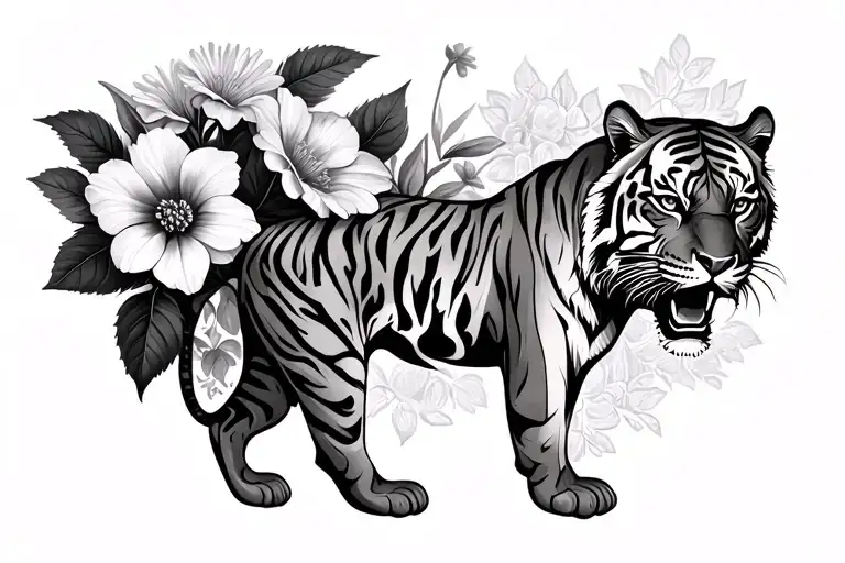 Tiger Surrounded By Aster And Morning Glory Flowers