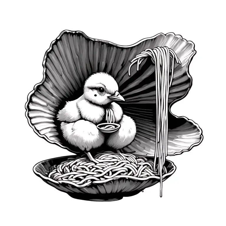 Tattoo Of A Chick Sitting Eating Spaghetti Pasta Out Of A Clam Shell