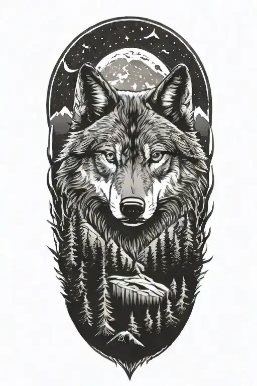 Wolf Infront Of Forest And Mountains With Moon