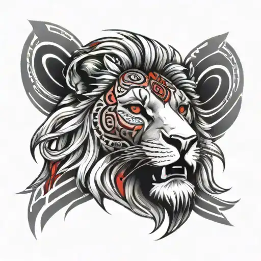 Realistic Lion Head With Tribal With Red Detail