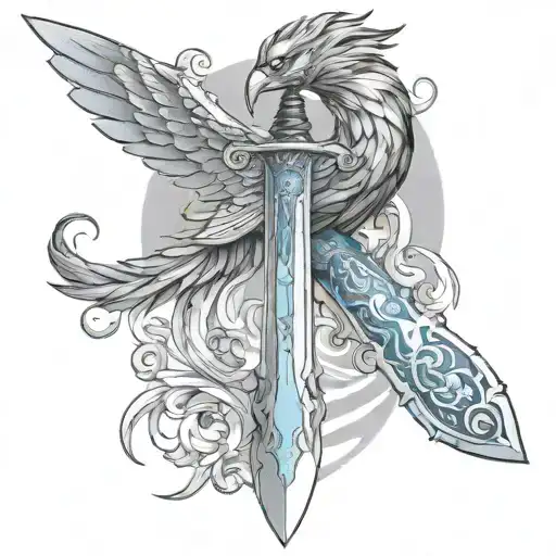 A Light Blue Excalibur Sword With A Phoenix Wrapped Around It