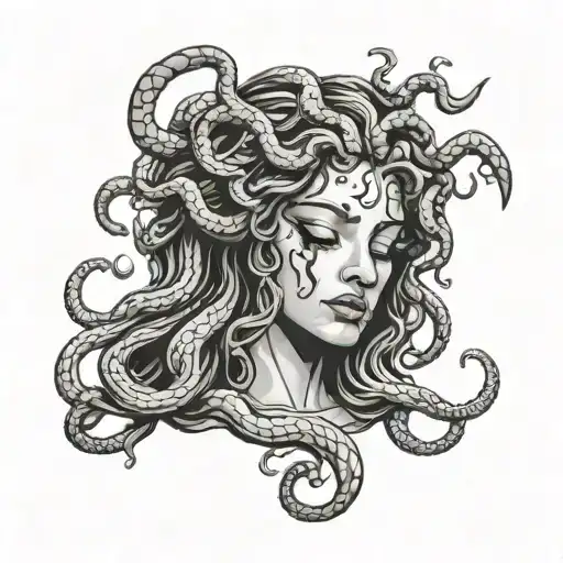 Medusa With Cracks On Face And Bleeding Closed Eyes