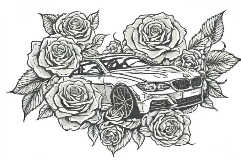 Bmw Car Front And Roses Background Black And White