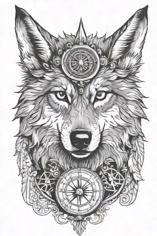 Wolf Wearing Owl Headress With Compass Background
