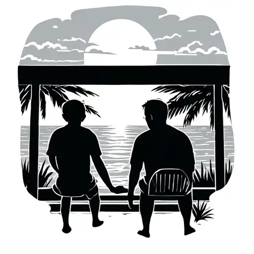 Father Son Silhouette Sitting On A Porch Looking At The Ocean And Sunset In A Simplistic Style