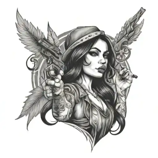 Chicano Girl Holding Guns And Smoking Weed Leaf