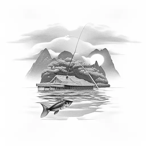 A Serene Fishing Scene With A Cross Reflecting In The Water