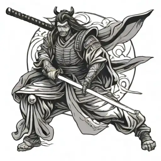 Samurai In Full Growth Holding A Sword