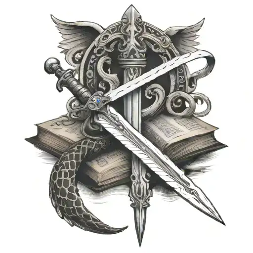 Tattoo Of Sword With Book And A Winged Snake In The Background