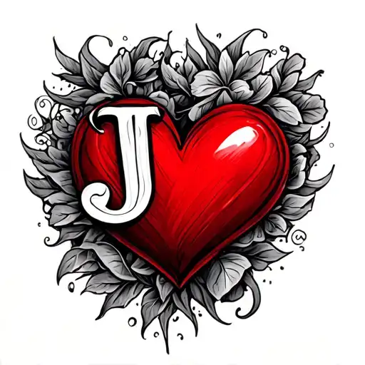 Red Love Heart With 2 J's In Cursive