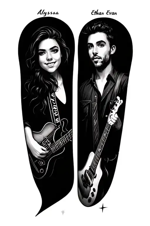 Music Themed Tattoo With Names Alyssa & Ethan Evan Forearms