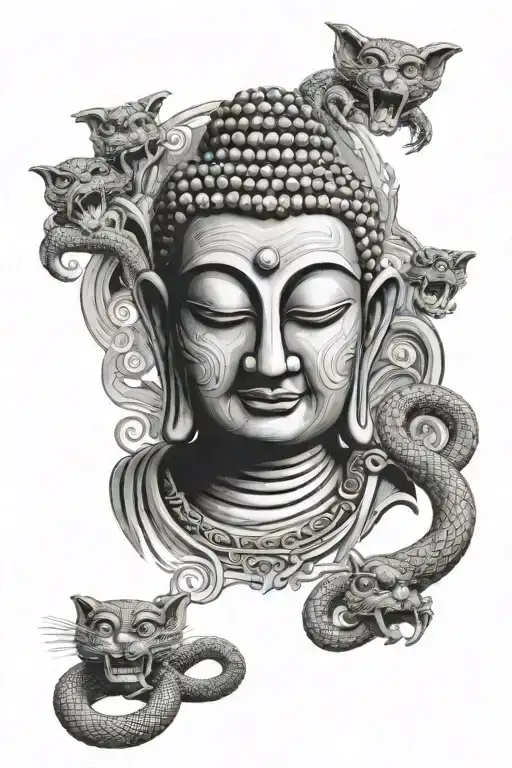 Buddha With A Cobra And Falling Masks