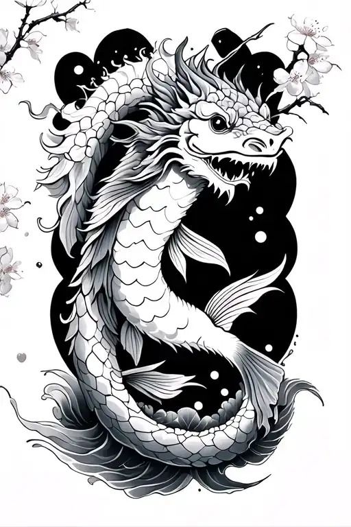 Kio Fish With Dragon Sleeve With Waves And Cherry Blossoms