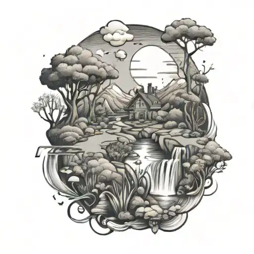 A Tattoo Of A Nature Landscape With Elements Of Classic Cartoons Integrated Throughout