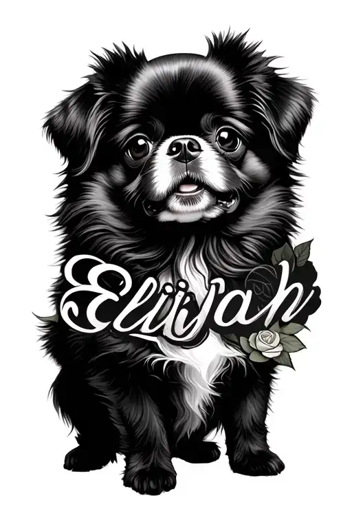 Pekingese Dog And Elijah Name Tattoo With Roses