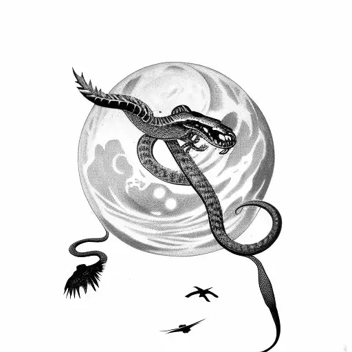 Vicious Snake With Birds Flying Around It And A Moon