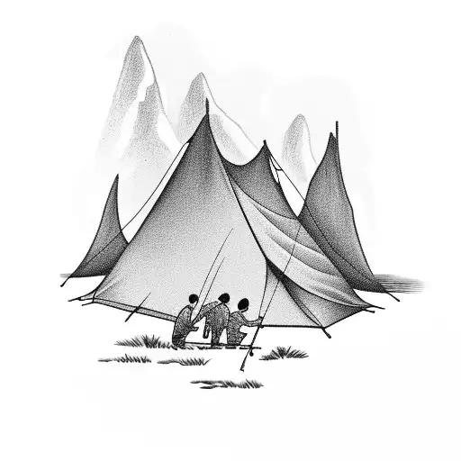 Dad With Two Young Boys Fishing On Side Of River Near Tent And Campfire