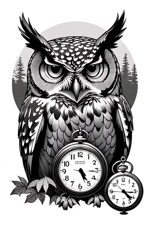 Big Owl With Three Stop Watch With Time With Forest In Back Ground
