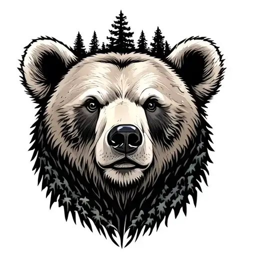 Bear Face And Forest Landscape