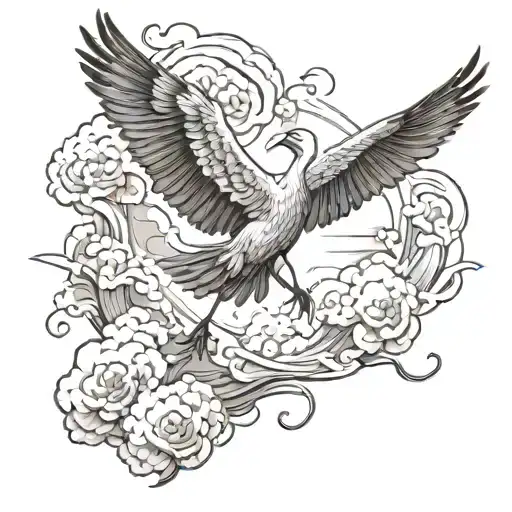 Crane Gracefully Flying Towards Heaven Exploding