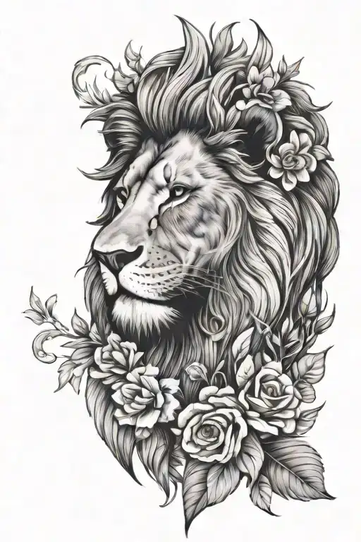 A Gorgeous Lion Head With Flowers And Leaves Around Its Head