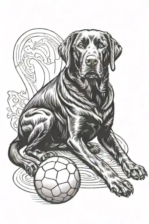 Adult Black Labrador Sat Down Incorporating A Toy Ball