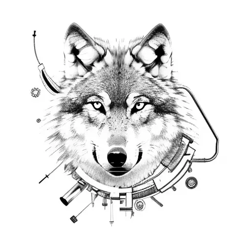 Wolf Surrounded By Mechanical Elements And Tools